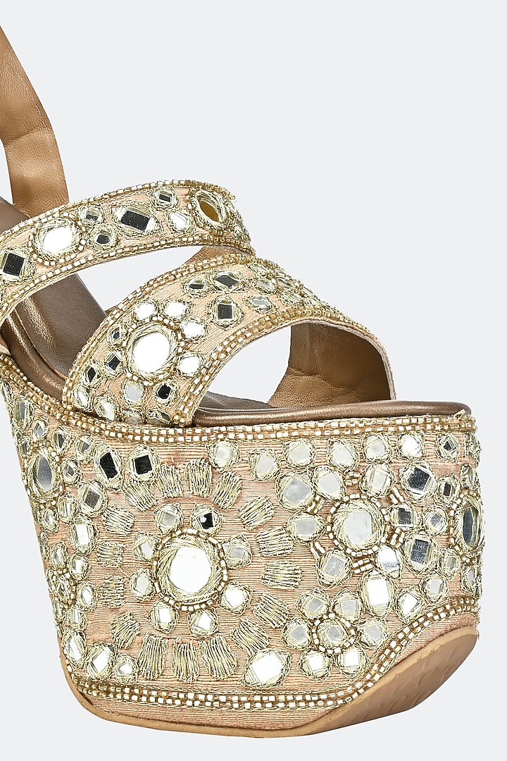 Gold Raw Silk & Leather Hand Embroidered Heels by SKO at Pernia's Pop Up Shop