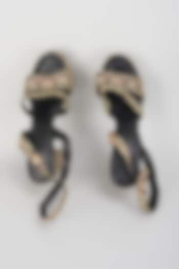 Black Raw Silk Mirror Hand Embroidered Heels by SKO at Pernia's Pop Up Shop