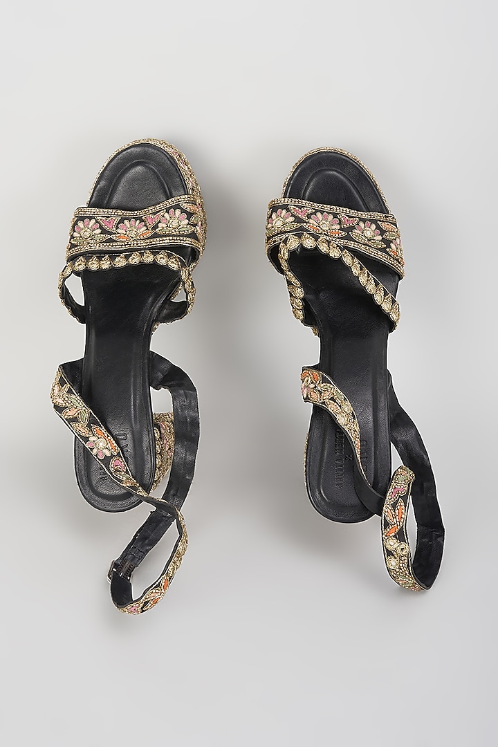 Black Raw Silk Mirror Hand Embroidered Heels by SKO at Pernia's Pop Up Shop