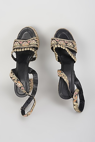Black Raw Silk Mirror Hand Embroidered Heels by SKO