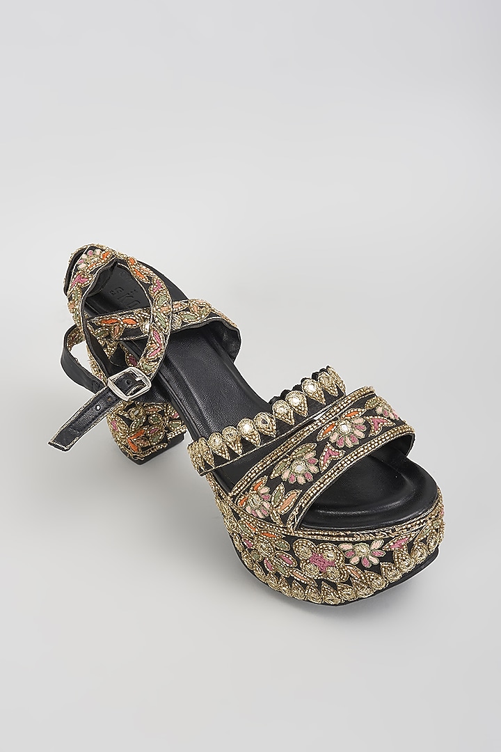 Black Raw Silk Mirror Hand Embroidered Heels by SKO at Pernia's Pop Up Shop
