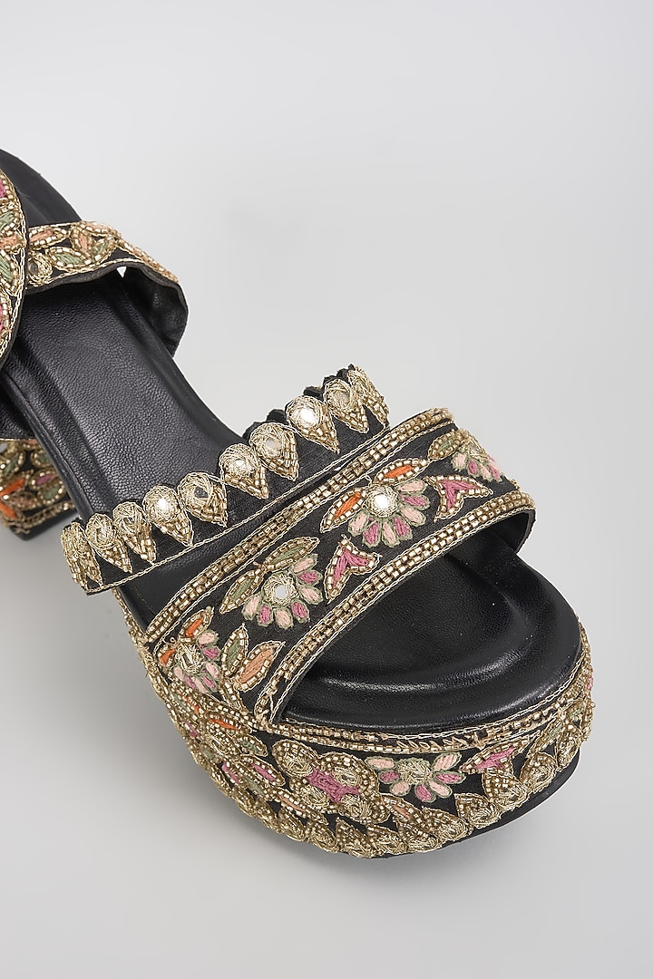 Black Raw Silk Mirror Hand Embroidered Heels by SKO at Pernia's Pop Up Shop