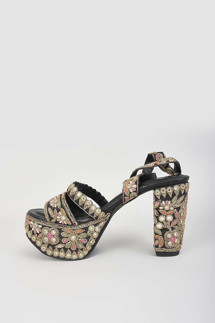 Black Raw Silk Mirror Hand Embroidered Heels by SKO at Pernia's Pop Up Shop