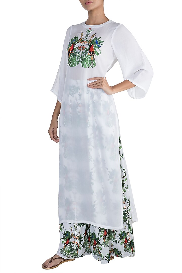 White Embroidered Printed Kurta With Pants by Sourabh Kant Shrivastava at Pernia's Pop Up Shop