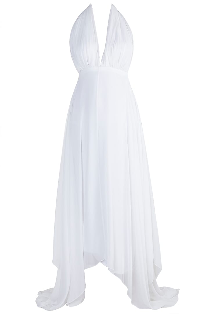 White High-Low Flared Gown by Sourabh Kant Shrivastava