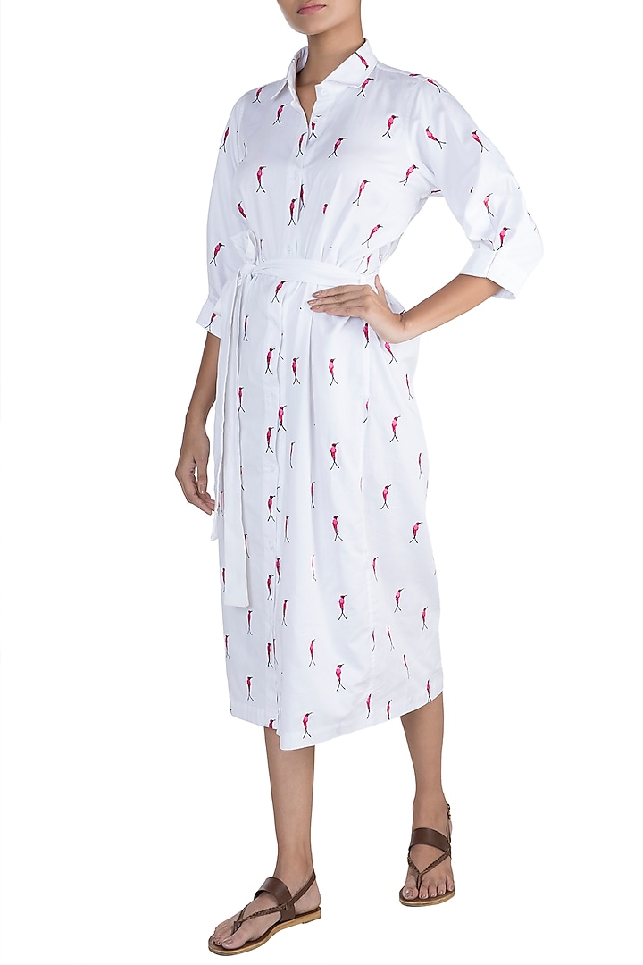 White Hummingbird Embroidered Summer Shirt Dress by Sourabh Kant Shrivastava at Pernia's Pop Up Shop