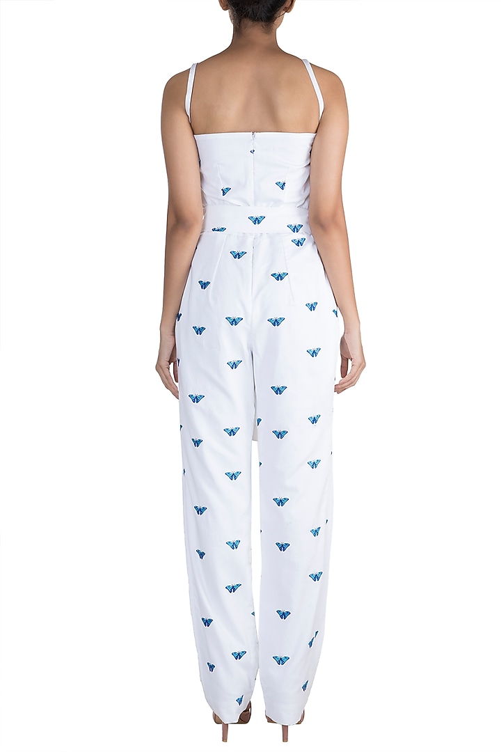 White Butterfly Embroidered Jumpsuit by Sourabh Kant Shrivastava at Pernia's Pop Up Shop