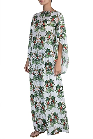 White Digital Printed Kaftan Top With Pants by Sourabh Kant Shrivastava