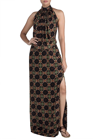 Black Digital Printed Maxi Dress by Sourabh Kant Shrivastava