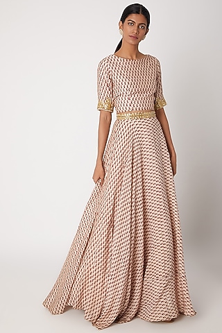 Beige Printed Embroidered Top With Skirt by Sourabh Kant Shrivastava