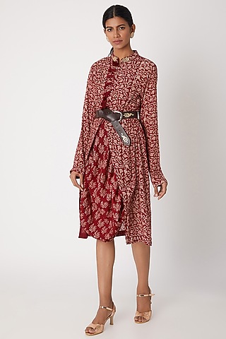 Maroon Hand Printed Dress With Jacket & Belt by Sourabh Kant Shrivastava