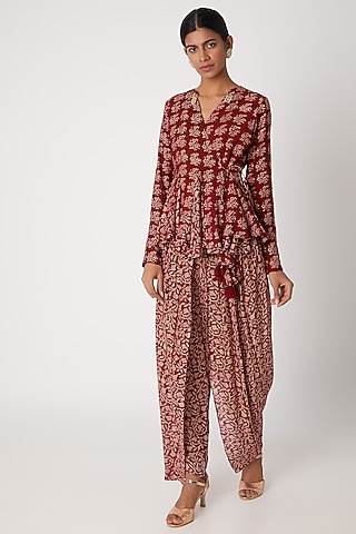 Maroon Printed Angrakha Top WIth Dhoti Pants by Sourabh Kant Shrivastava