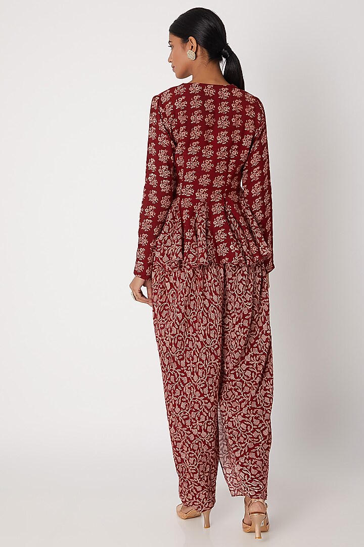 Maroon Printed Angrakha Top WIth Dhoti Pants by Sourabh Kant Shrivastava at Pernia's Pop Up Shop