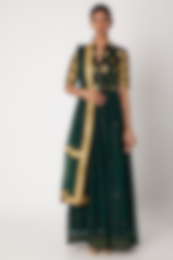 Emerald Green Handwoven Tunic Dress With Dupatta by Sourabh Kant Shrivastava