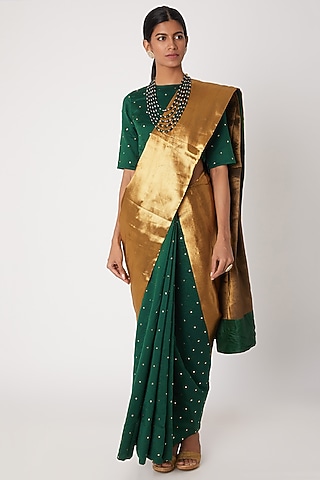 Emerald Green Hand Embroidered Saree Set by Sourabh Kant Shrivastava