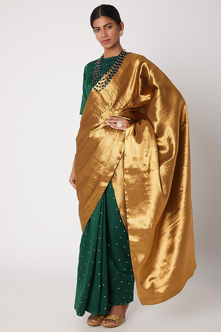 Emerald Green Hand Embroidered Party Wear Saree Set by Sourabh Kant Shrivastava at Pernia's Pop Up Shop