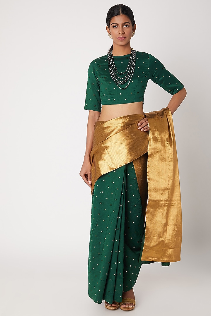 Emerald Green Hand Embroidered Party Wear Saree Set by Sourabh Kant Shrivastava at Pernia's Pop Up Shop