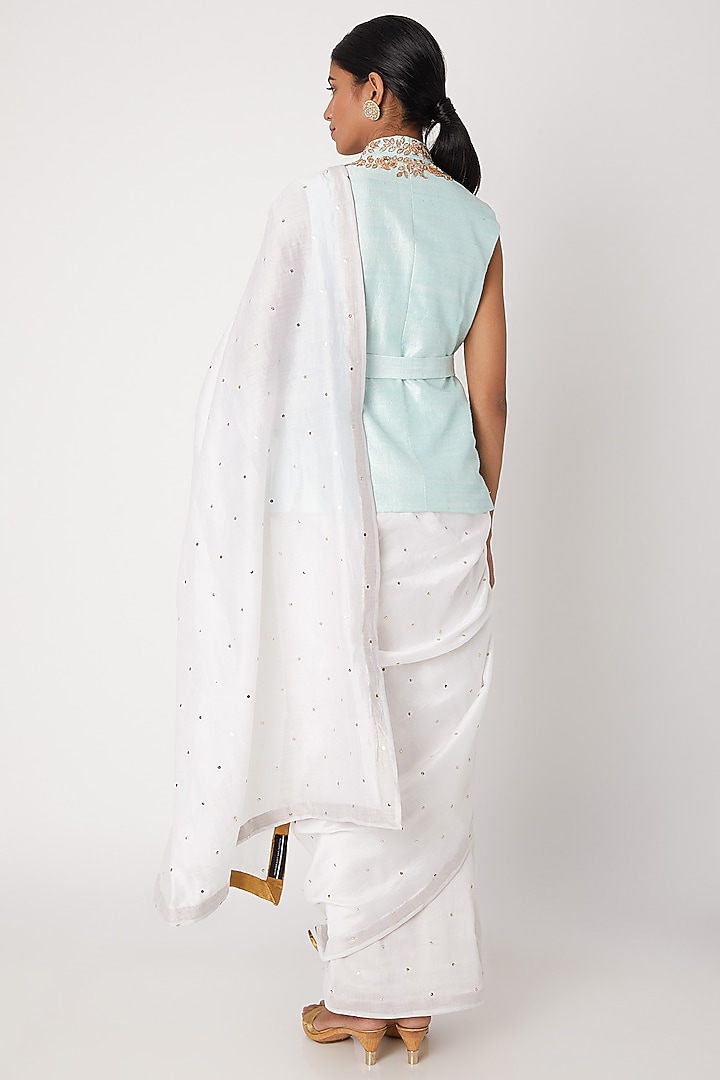 White Embroidered Jacket Wedding Saree Set by Sourabh Kant Shrivastava at Pernia's Pop Up Shop