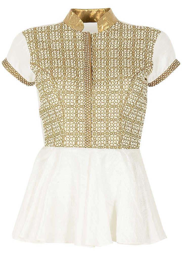 Ivory and gold peplum sharara set available only at Pernia's Pop-Up Shop.