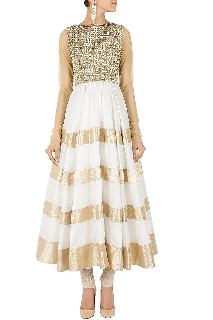 Ivory and gold embroidered anarkali set available only at Pernia's Pop-Up Shop.