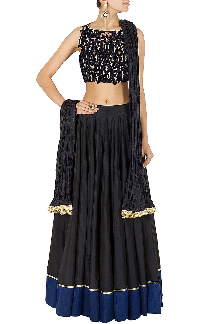 Charbagh midnight blue lehenga set available only at Pernia's Pop-Up Shop.