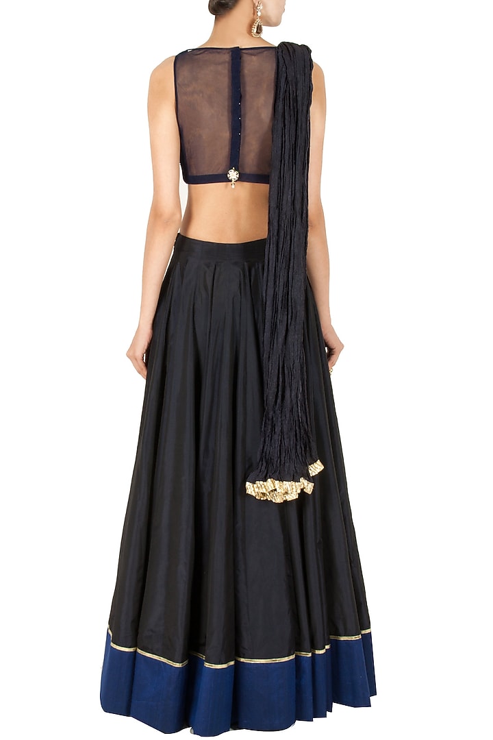 Charbagh midnight blue lehenga set available only at Pernia's Pop-Up Shop.