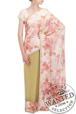 Jardin blush and olive sari by Sonal Kalra Ahuja