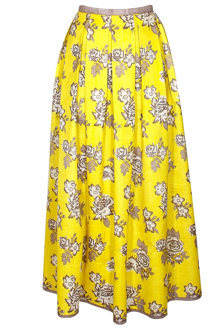 Chartreuse rose print pleated maxi skirt by Sonal Kalra Ahuja