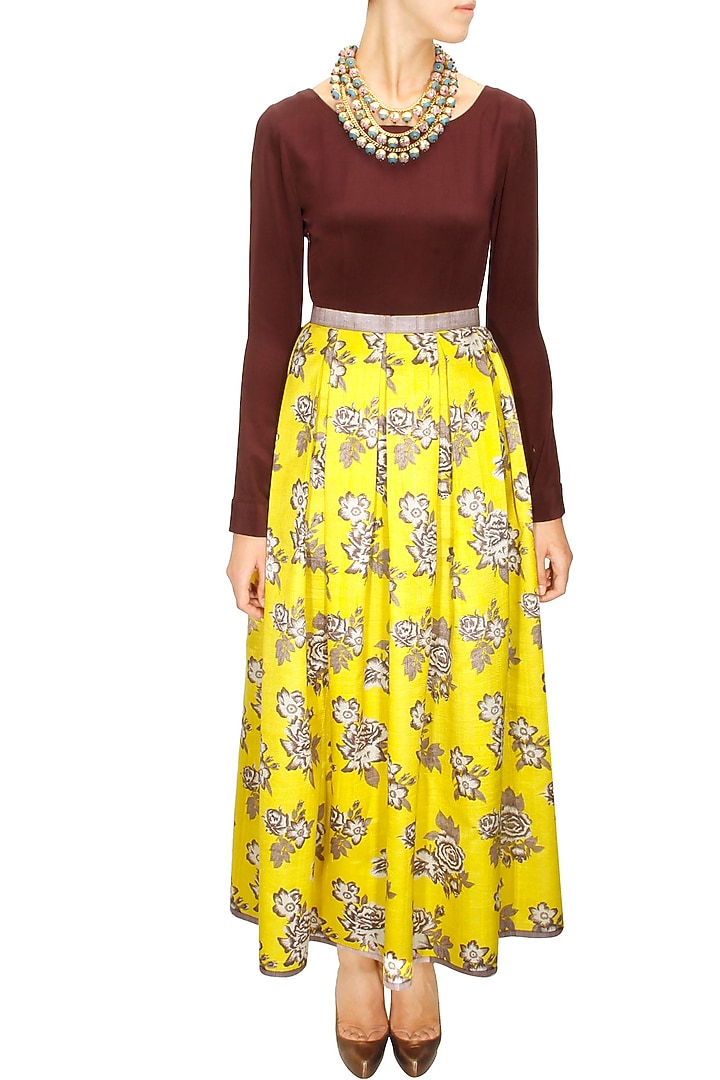Chartreuse rose print pleated maxi skirt available only at Pernia's Pop-Up Shop.