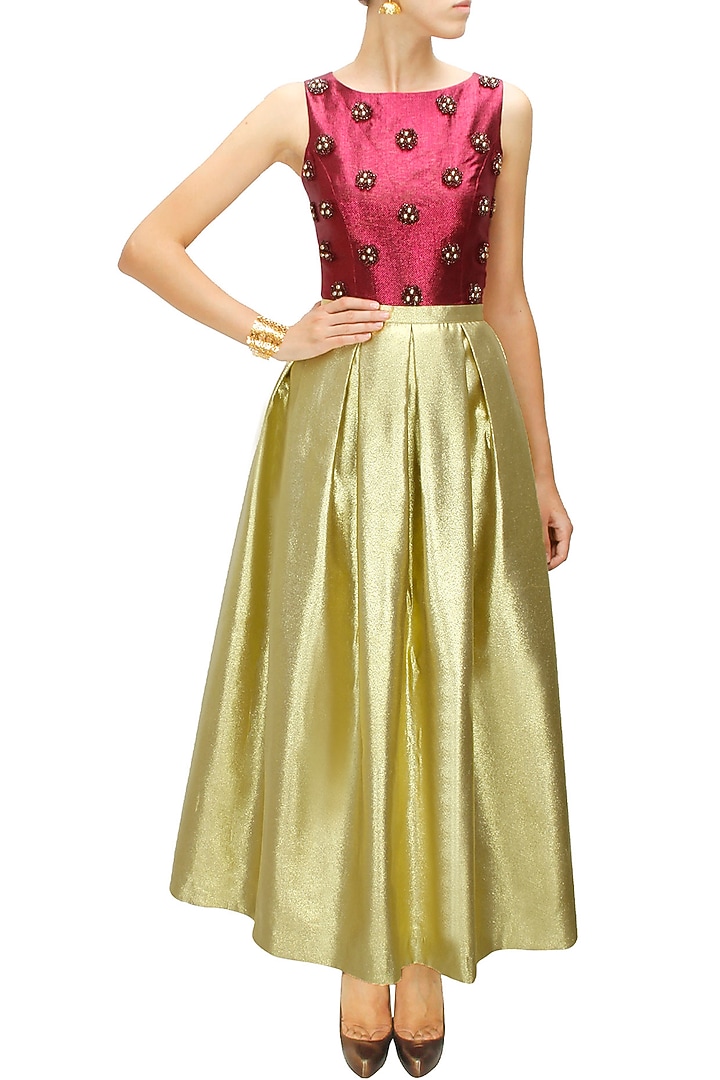 Gold shimmer pleated maxi skirt available only at Pernia's Pop-Up Shop
