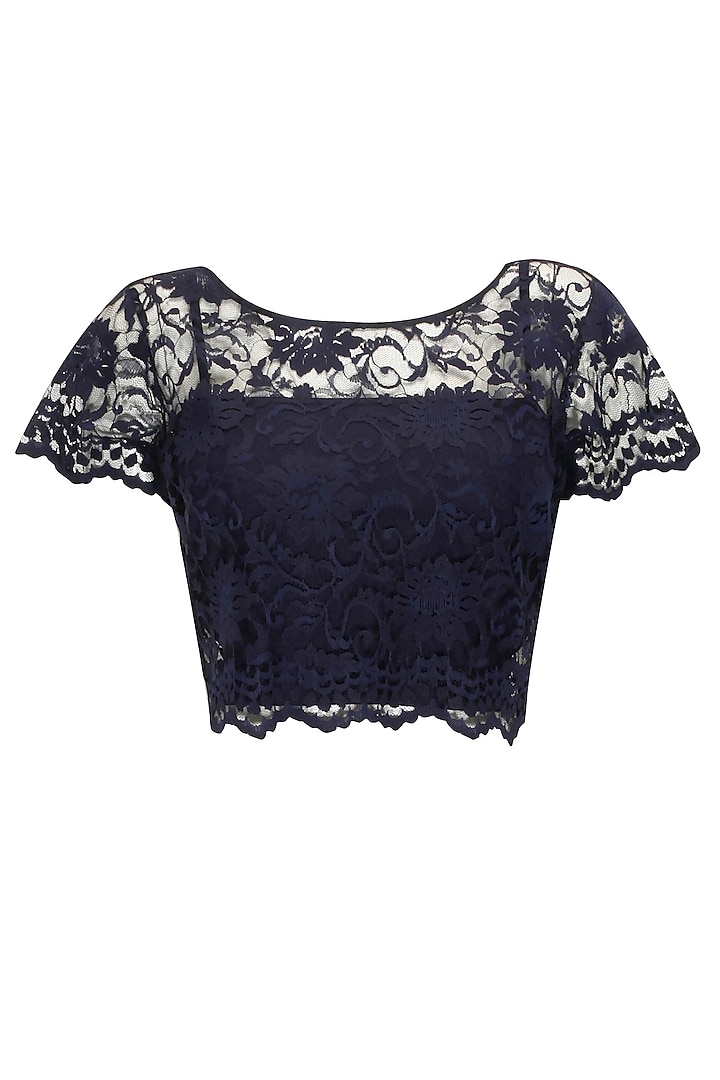 Deep blue chantilly lace crop top by Sonal Kalra Ahuja