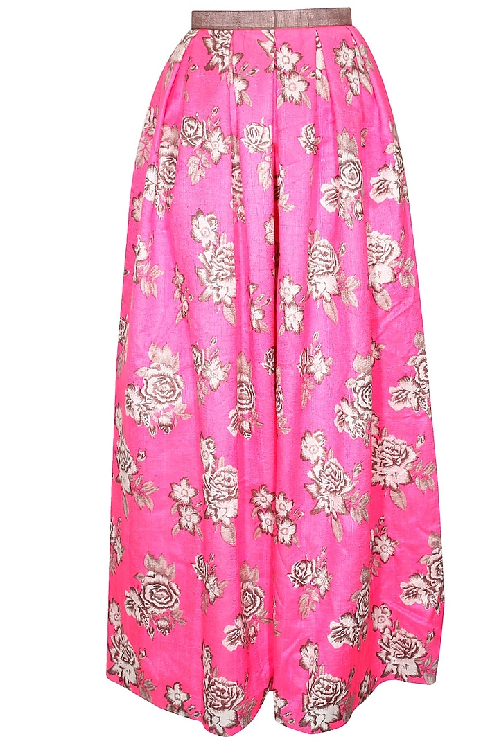 Pink rose print pleated maxi skirt by Sonal Kalra Ahuja