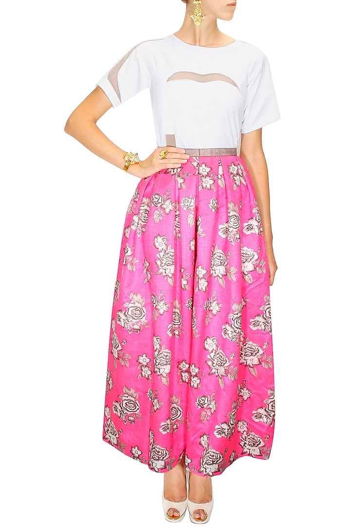 Pink rose print pleated maxi skirt available only at Pernia's Pop-Up Shop