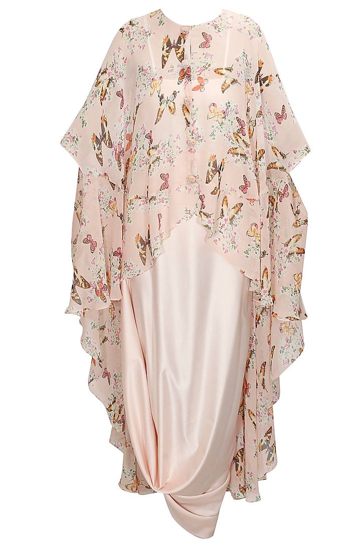 Blush pink papillion printed high low cape with cowl skirt by Sonal Kalra Ahuja