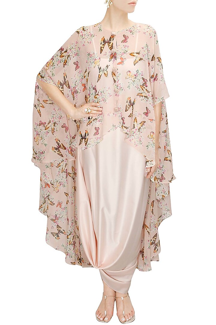 Blush pink papillion printed high low cape with cowl skirt available only at Pernia's Pop-Up Shop.