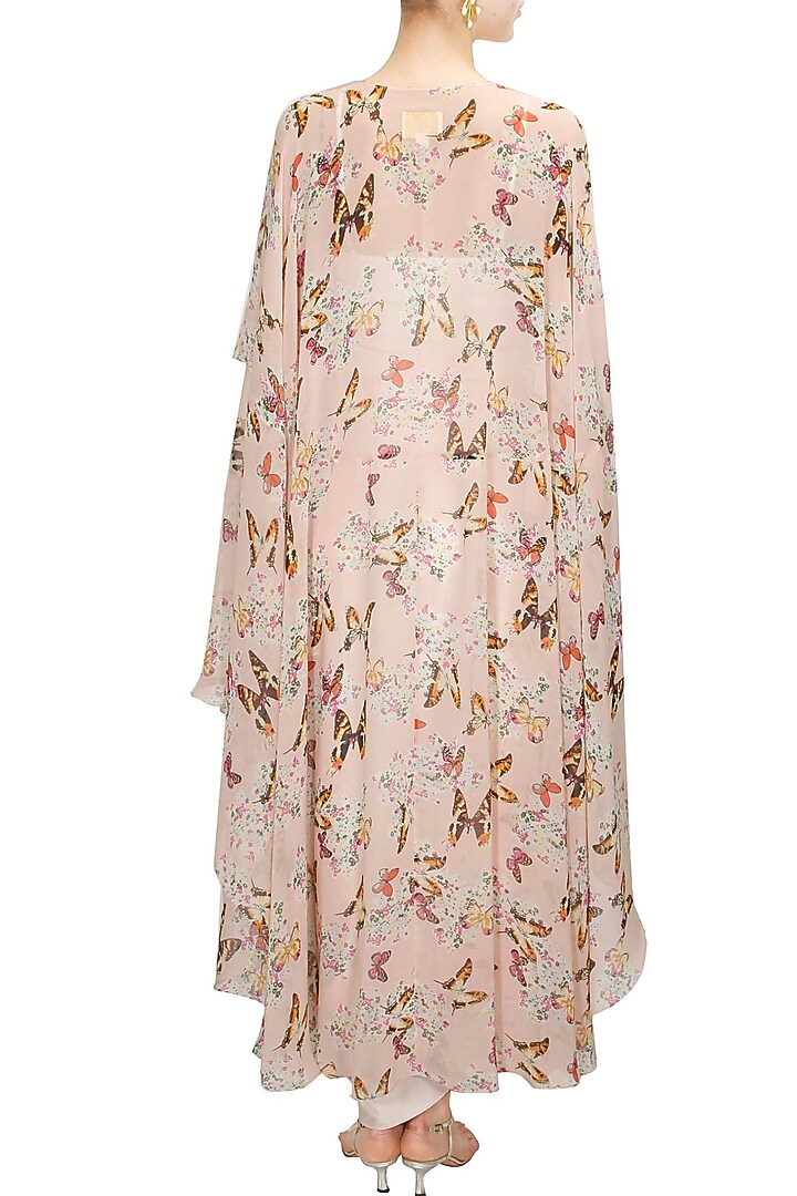 Blush pink papillion printed high low cape with cowl skirt available only at Pernia's Pop-Up Shop.