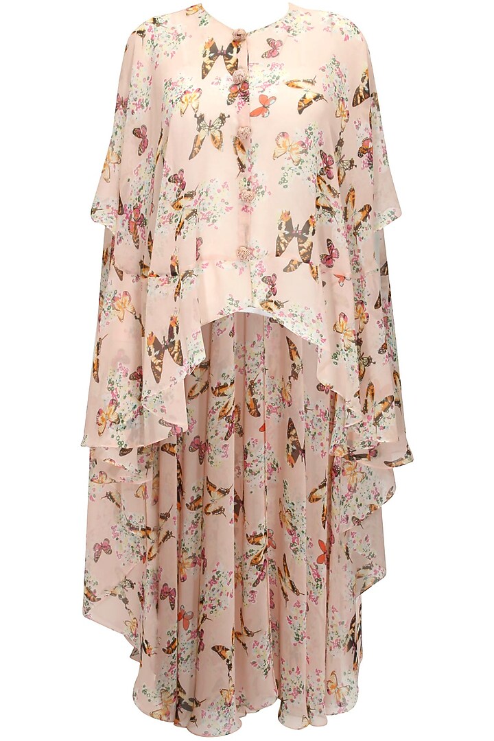 Blush pink papillion printed high low cape with cowl skirt available only at Pernia's Pop-Up Shop.