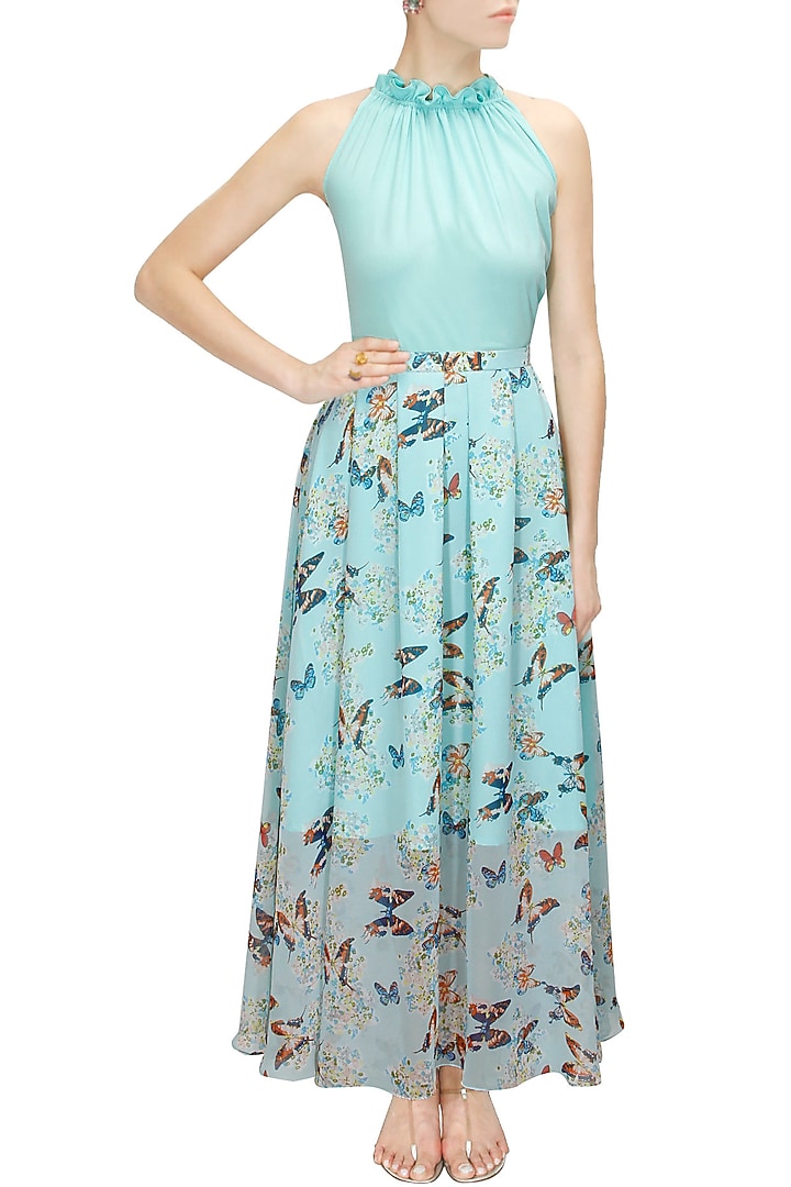 Aqua printed maxi skirt with halter neck blouse available only at Pernia's Pop-Up Shop.