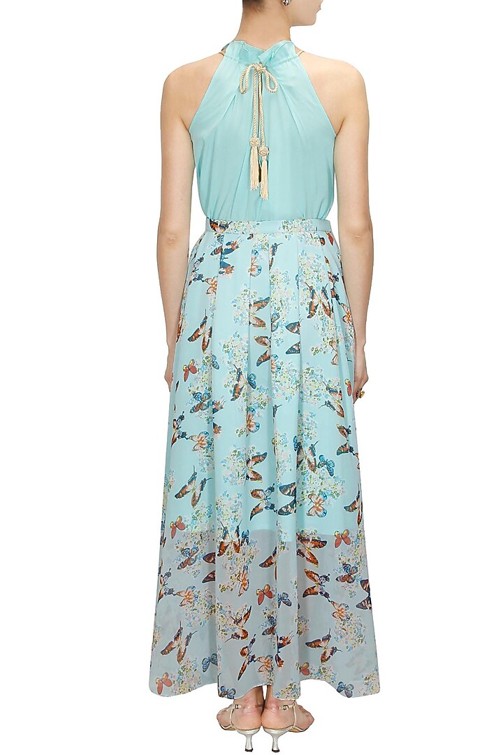 Aqua printed maxi skirt with halter neck blouse available only at Pernia's Pop-Up Shop.
