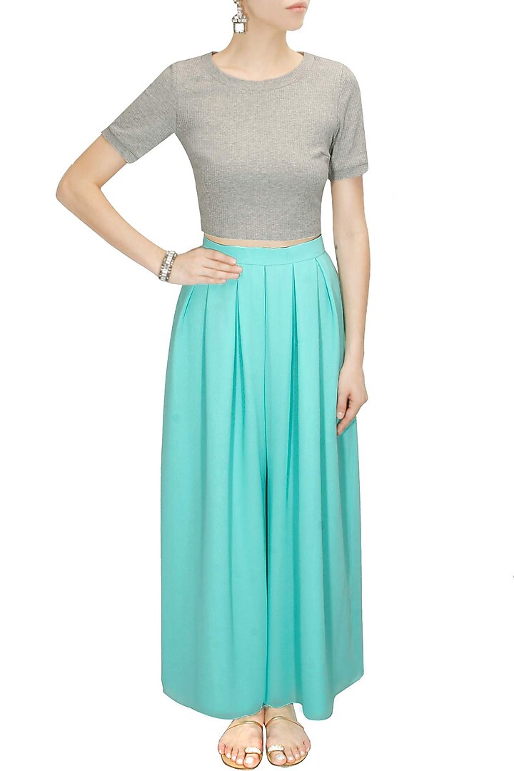 Aqua pleated flared pants available only at Pernia's Pop-Up Shop.