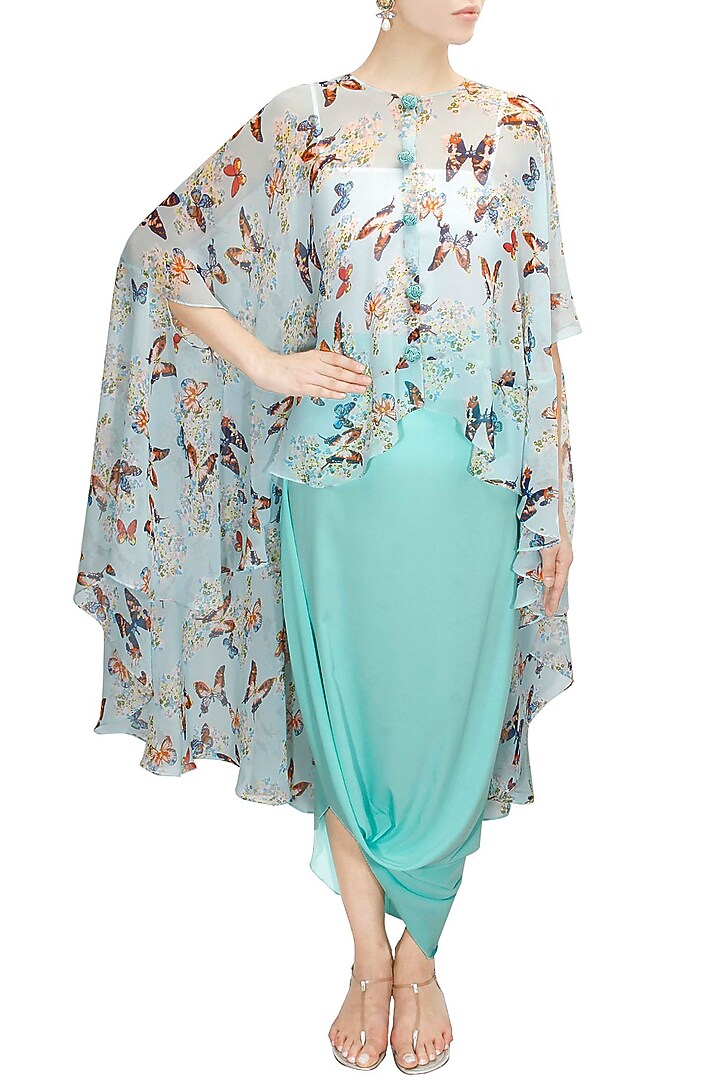 Aqua papillion printed high low cape with cowl skirt available only at Pernia's Pop-Up Shop.
