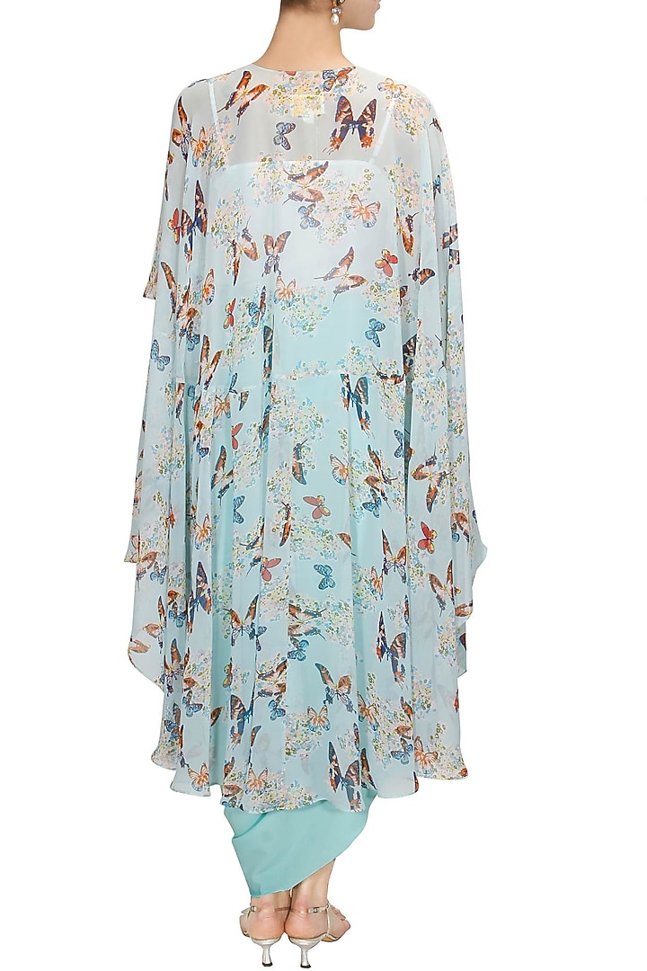 Aqua papillion printed high low cape with cowl skirt available only at Pernia's Pop-Up Shop.