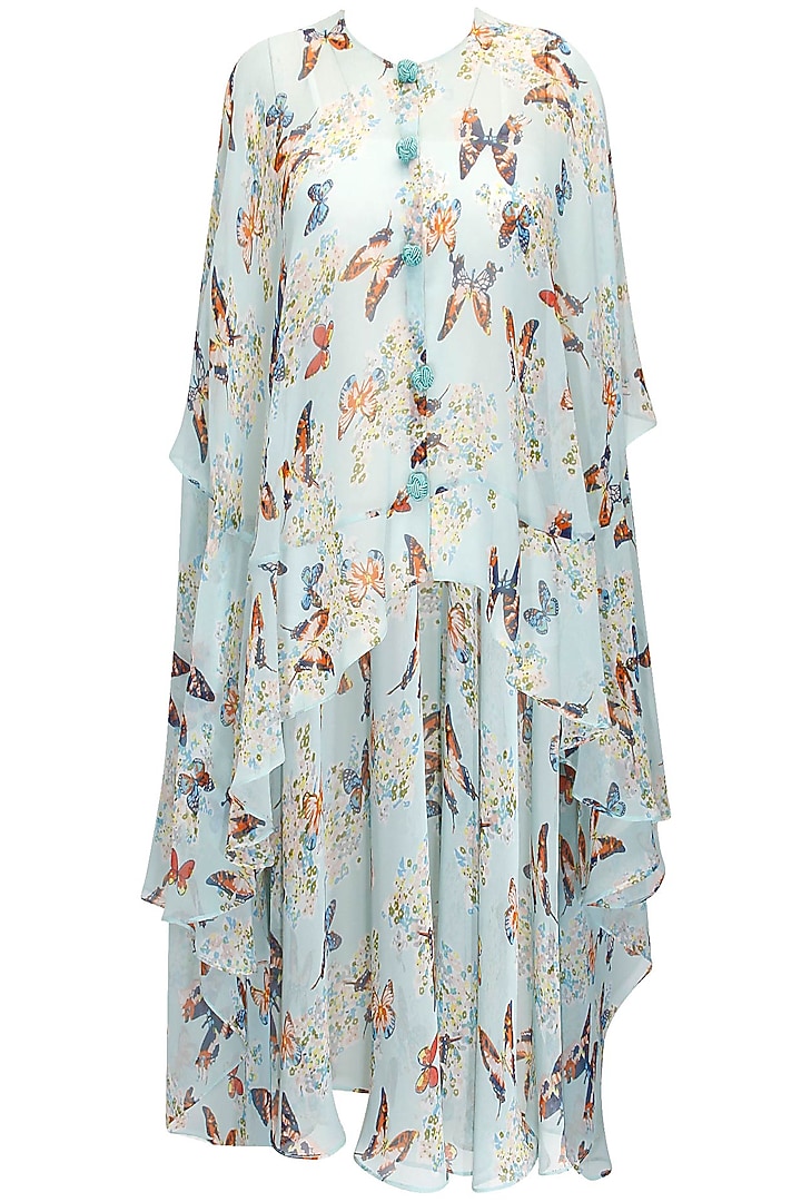 Aqua papillion printed high low cape with cowl skirt available only at Pernia's Pop-Up Shop.