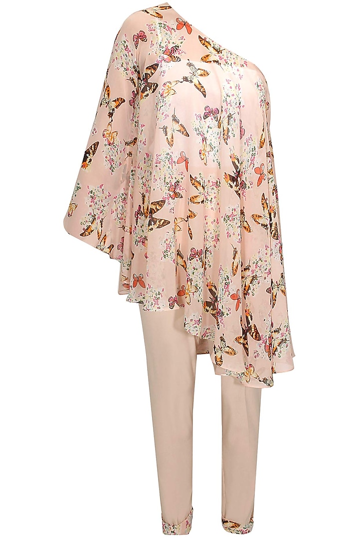 Blush pink off shoulder printed cape with pants by Sonal Kalra Ahuja