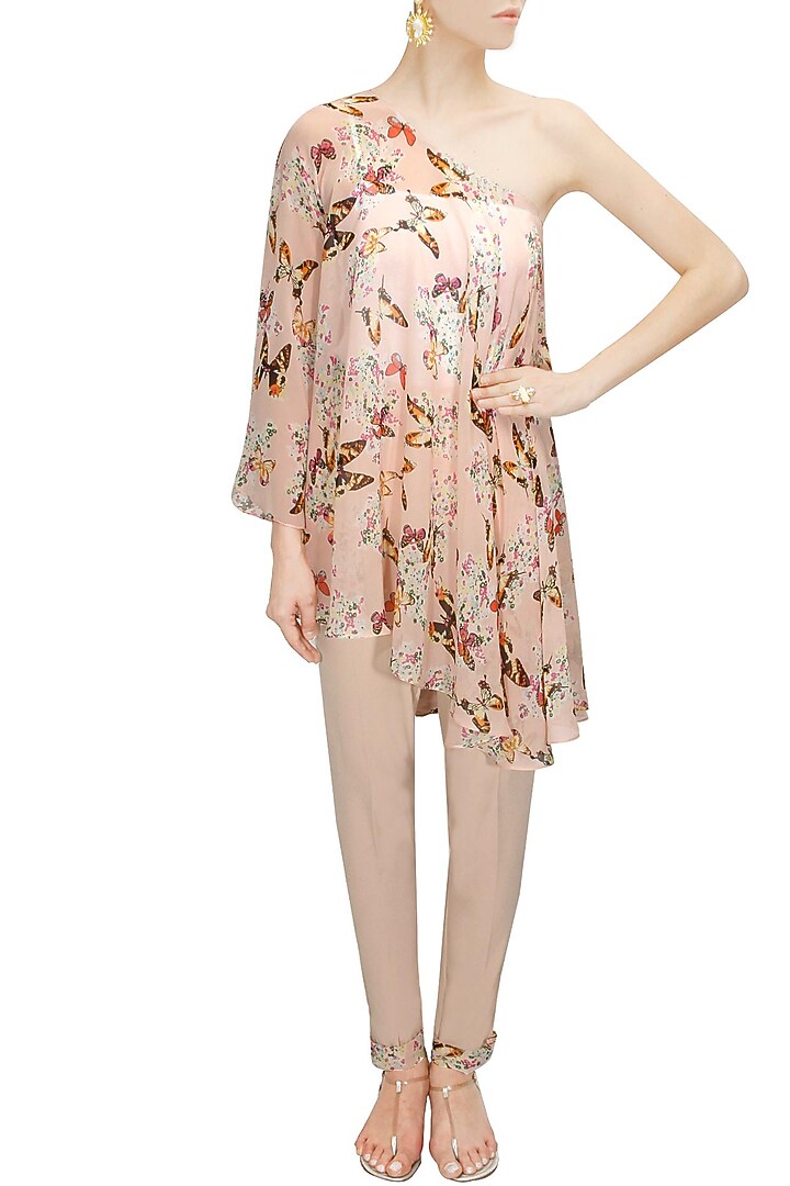 Blush pink off shoulder printed cape with pants available only at Pernia's Pop-Up Shop.