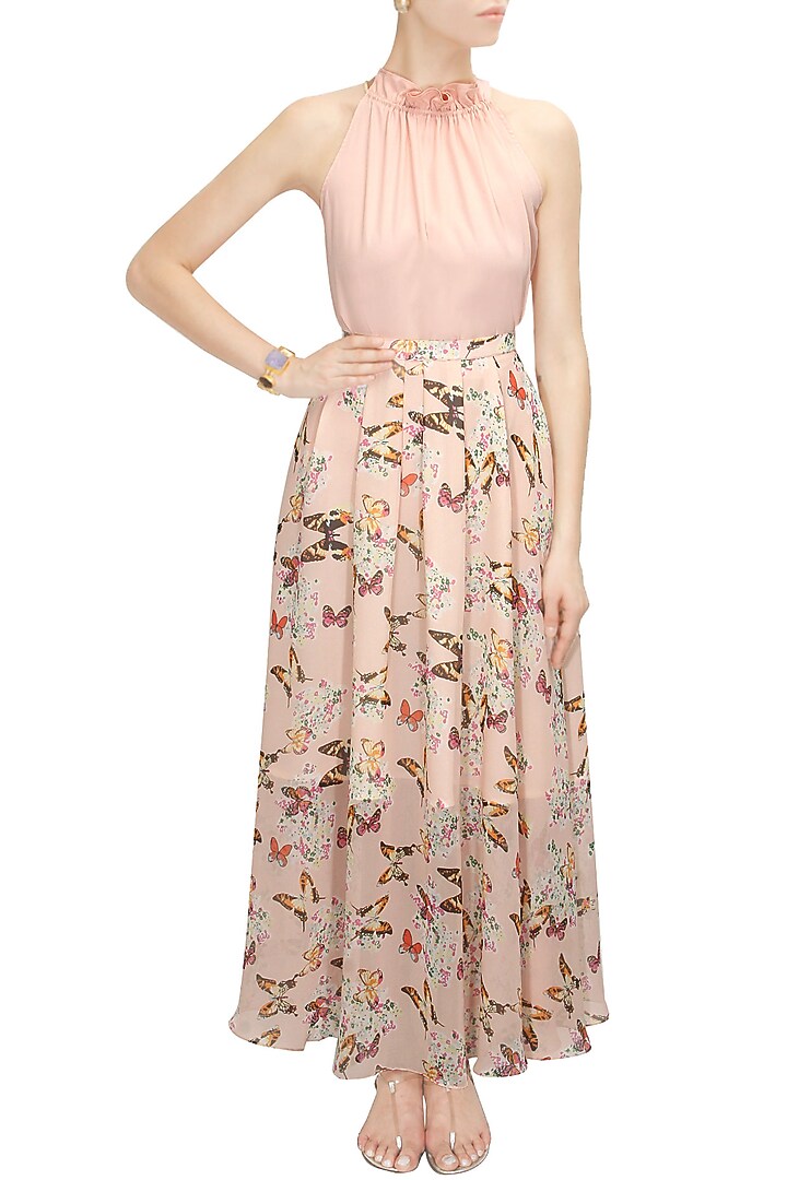 Blush pink printed maxi skirt with halter neck blouse available only at Pernia's Pop-Up Shop.