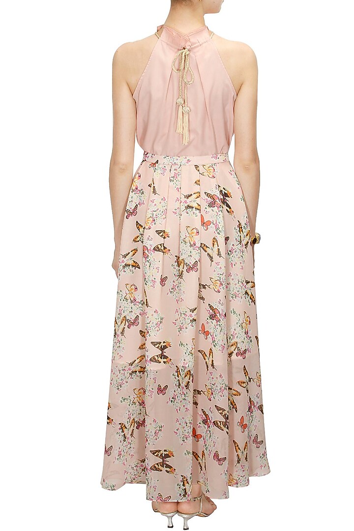 Blush pink printed maxi skirt with halter neck blouse available only at Pernia's Pop-Up Shop.