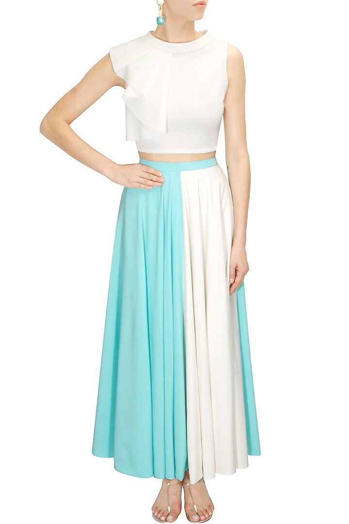 Aqua and ivory half and half maxi skirt available only at Pernia's Pop-Up Shop.