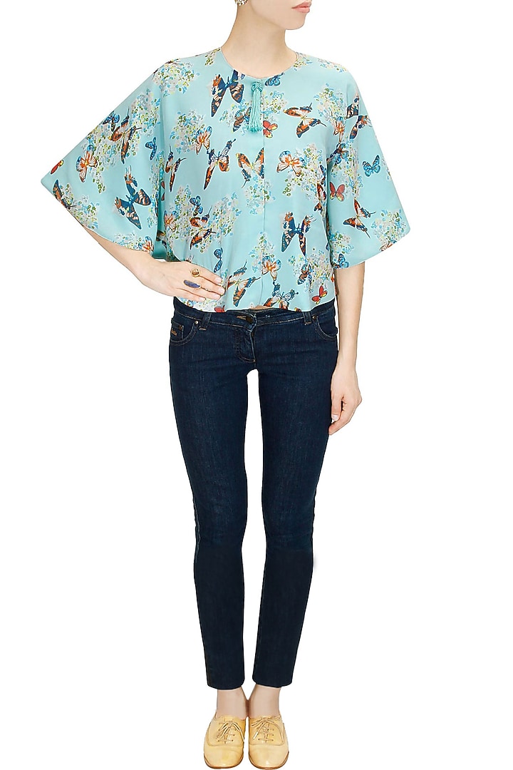 Aqua papillion printed short cape available only at Pernia's Pop-Up Shop.
