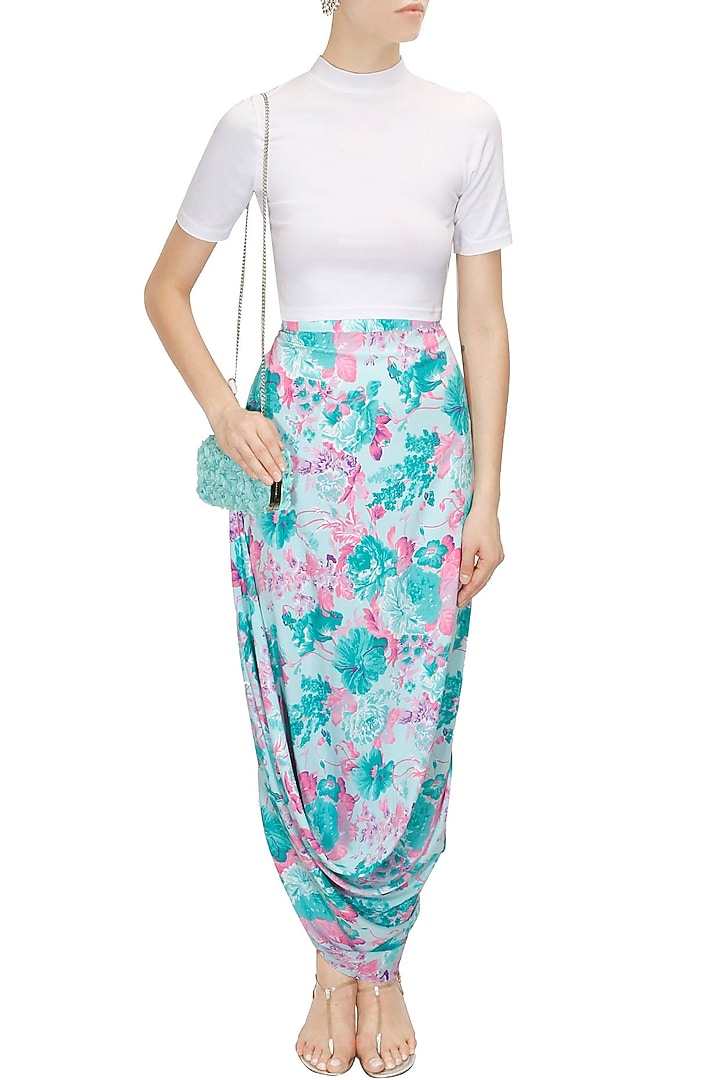 Aqua orchid printed cowl skirt available only at Pernia's Pop-Up Shop.